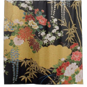 Zwart en Goud Traditionele Japanse Kimono Bloemen Douchegordijn (Voorkant)