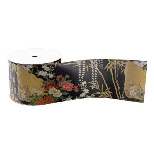 Zwart en Goud Traditionele Japanse Kimono Bloemen Grosgrain Lint (Spoel)