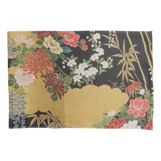 Zwart en Goud Traditionele Japanse Kimono Bloemen Kussensloop (Voorkant)