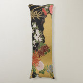 Zwart en Goud Traditionele Japanse Kimono Bloemen Lichaamskussen (Voorkant Verticaal)