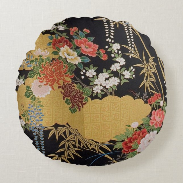 Zwart en Goud Traditionele Japanse Kimono Bloemen Rond Kussen (Voorkant)