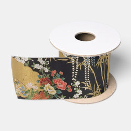 Zwart en Goud Traditionele Japanse Kimono Bloemen Satijnen Lint