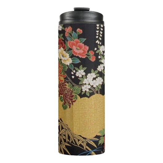 Zwart en Goud Traditionele Japanse Kimono Bloemen Thermosbeker (Voorkant)