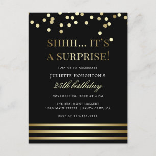 Zwart en goud trendy Confetti Surprise Party Uitnodiging Briefkaart
