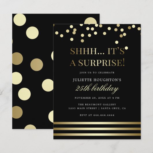 Zwart en goud trendy Confetti Surprise Party Uitnodiging Briefkaart (Voorkant / Achterkant)