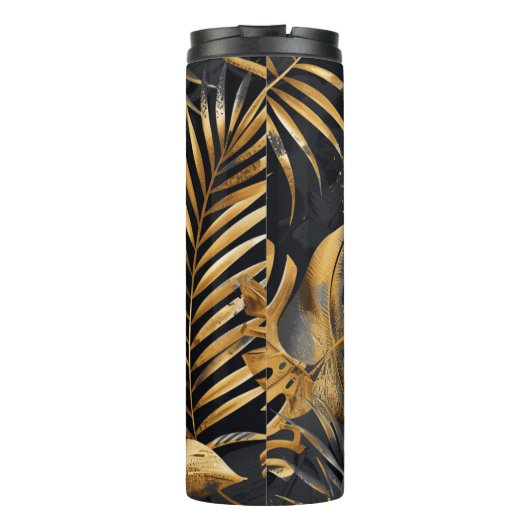 Zwart en goud tropisch gebladerte thermosbeker (Achterkant)