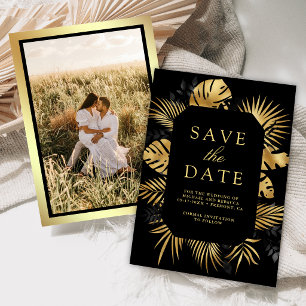 Zwart en goud tropisch palm foto-huwelijk save the date