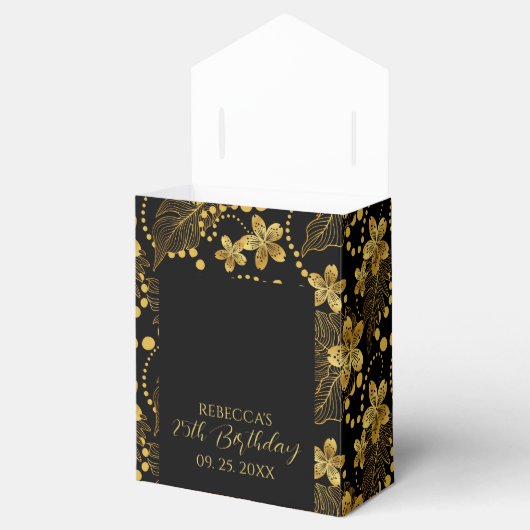 Zwart en goud Tropische bladeren en bloesems Bedankdoosjes (Geopend)
