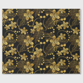 Zwart en goud Tropische bladeren en bloesems Cadeaupapier (Vlak)