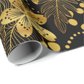 Zwart en goud Tropische bladeren en bloesems Cadeaupapier (Rol Hoek)
