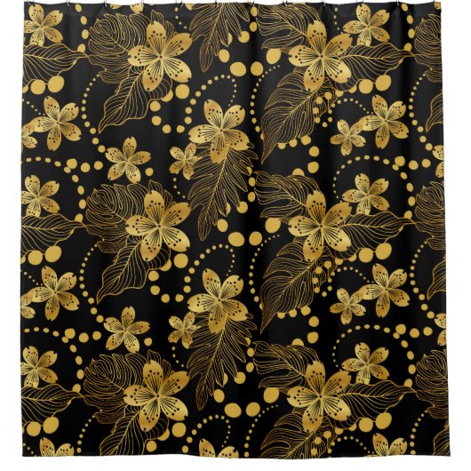 Zwart en goud Tropische bladeren en bloesems Douchegordijn (Voorkant)