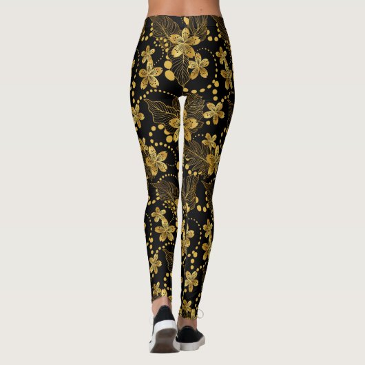 Zwart en goud Tropische bladeren en bloesems Leggings (Achterkant)