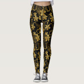 Zwart en goud Tropische bladeren en bloesems Leggings (Voorkant)