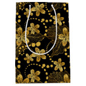 Zwart en goud Tropische bladeren en bloesems Medium Cadeauzakje (Voorkant)