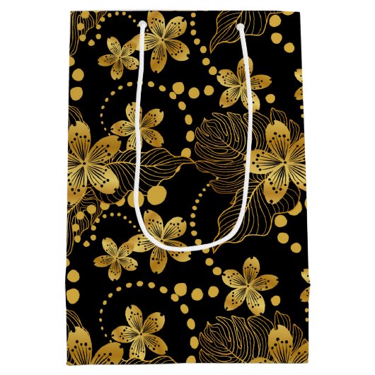 Zwart en goud Tropische bladeren en bloesems Medium Cadeauzakje (Achterkant)