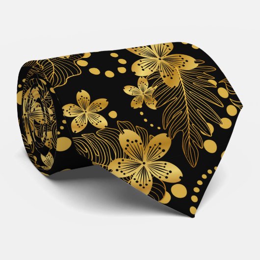 Zwart en goud Tropische bladeren en bloesems Stropdas (Opgerold)