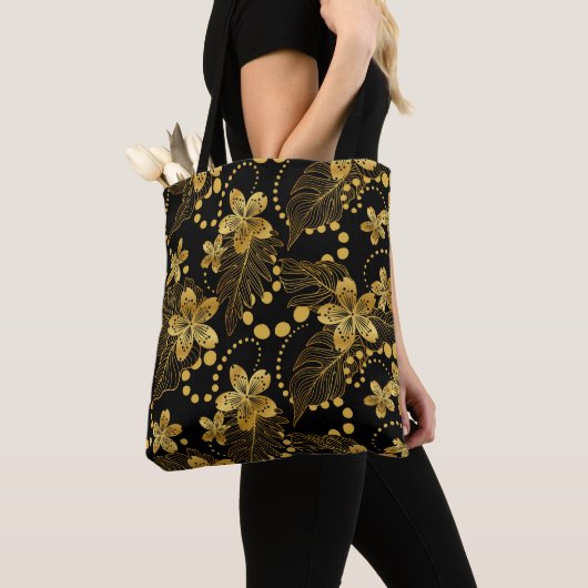 Zwart en goud Tropische bladeren en bloesems Tote Bag (Dichtbij)