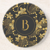 Zwart en goud Tropische bladeren en bloesems Zandsteen Onderzetter (Voorkant)