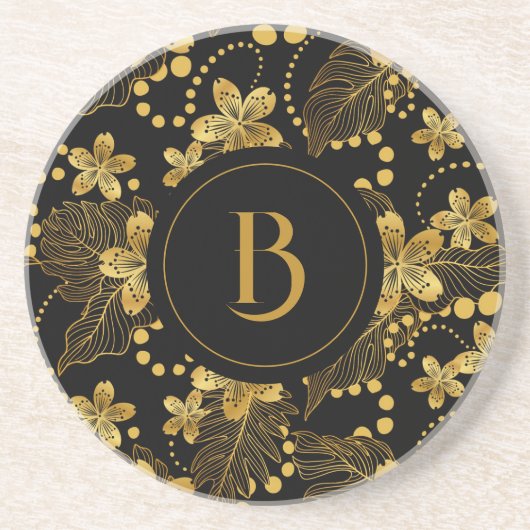 Zwart en goud Tropische bladeren en bloesems Zandsteen Onderzetter (Voorkant)