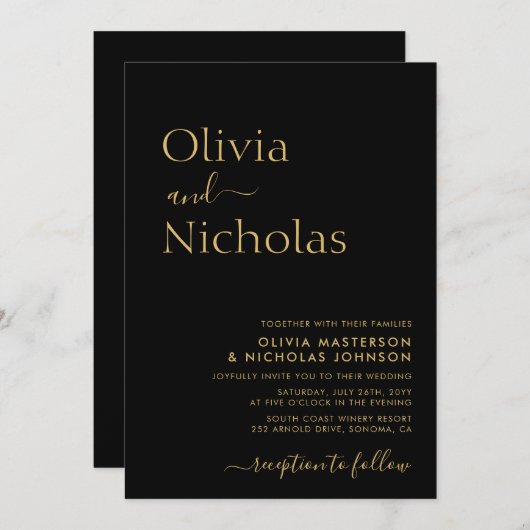 Zwart en Goud Typografie Script Monogram Bruiloft Kaart (Voorkant / Achterkant)