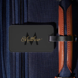 Zwart en Goud Typografie Toevoegen Naam & Monogram Bagagelabel