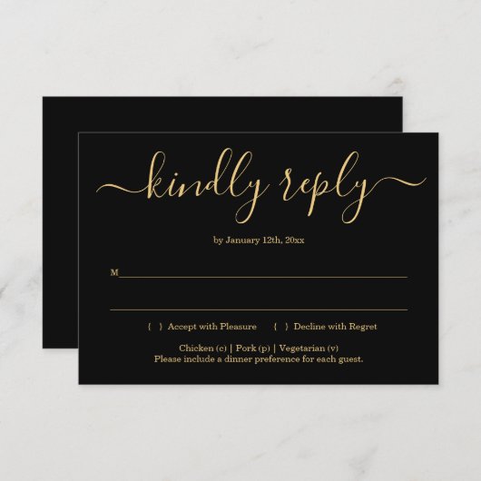 Zwart en Goud Uitnodiging Antwoorden Kaart Invoege (Voorkant / Achterkant)