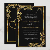 Zwart en Goud Uitnodiging voor het Huwelijk Ontwer (Voorkant / Achterkant)