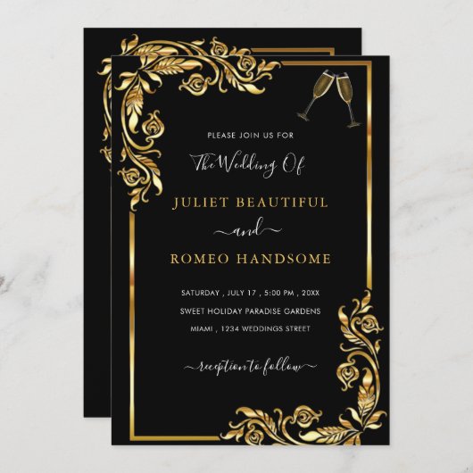 Zwart en Goud Uitnodiging voor het Huwelijk Ontwer (Voorkant / Achterkant)