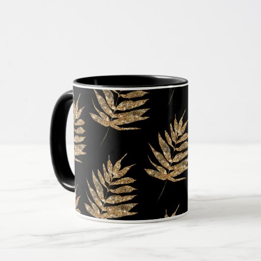 Zwart en Goud Varen Blad Patroon Koffie Mok (Voorkant links)