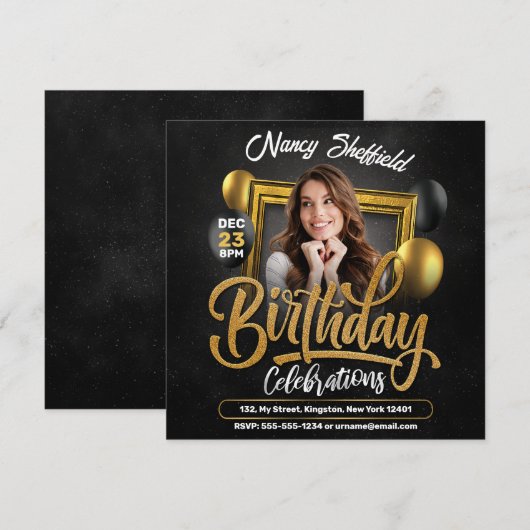 Zwart en Goud Verjaardag Viering Vrouw Foto Kaart (Voorkant / Achterkant)
