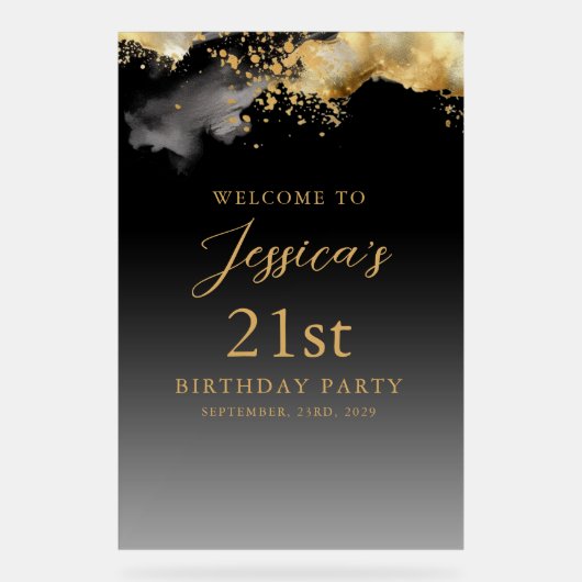 Zwart en goud verjaardagsfeest welkomstbord acryl bord (Voorkant)
