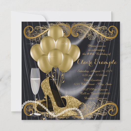 Zwart en Goud Verjaardagsfeestje Hollywood Glamour Kaart (Voorkant)