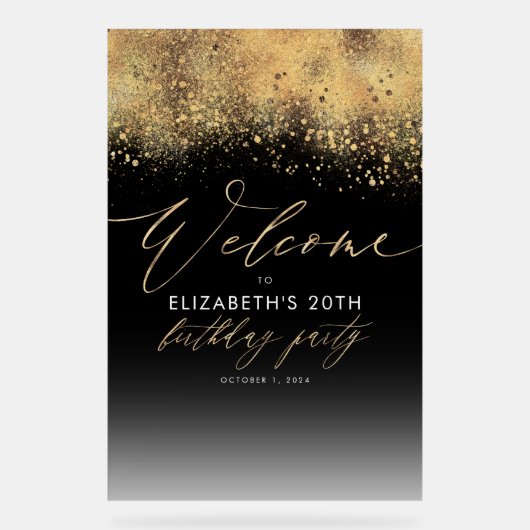 Zwart en Goud Verjaardagsfeestje Welkom Acryl Bord (Voorkant)