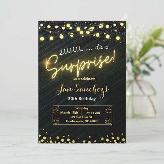 Zwart en goud verrassingsbudget uitnodiging QRcode (Staand voorkant)