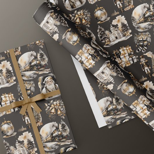 Zwart en Goud Victoriaans Kerstinpakpapier Cadeaupapier