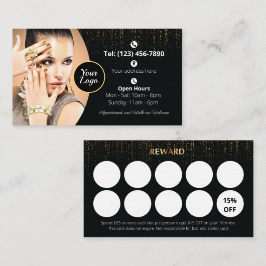 Zwart en Goud Visitekaartje voor Nail Salon (Voorkant / Achterkant)