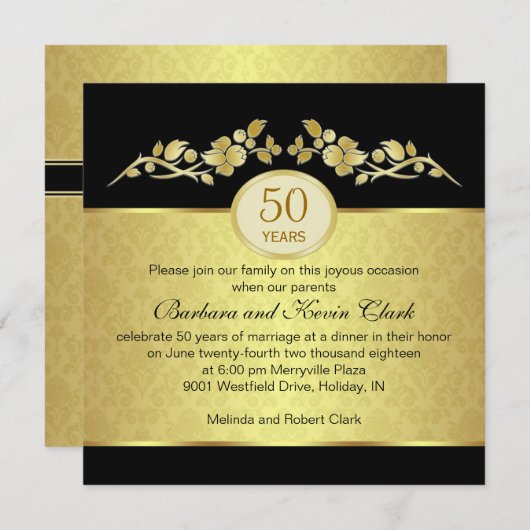 Zwart en goud, vouw 50th Wedding Jubileum Kaart (Voorkant / Achterkant)