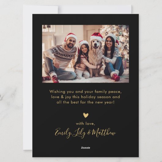 Zwart en goud Vrede Liefde en vreugde Script 5 Fot Feestdagenkaart (Achterkant)