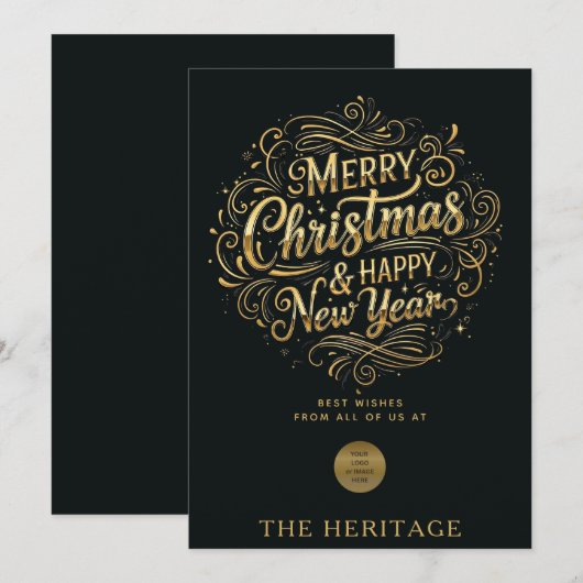 Zwart en goud vrolijk kerstfeest en gelukkig nieuw feestdagenkaart (Voorkant / Achterkant)