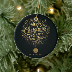 Zwart en goud vrolijk kerstfeest en gelukkig nieuw keramisch ornament