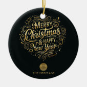 Zwart en goud vrolijk kerstfeest en gelukkig nieuw keramisch ornament (Voorkant)