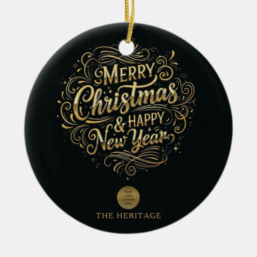 Zwart en goud vrolijk kerstfeest en gelukkig nieuw keramisch ornament (Voorkant)