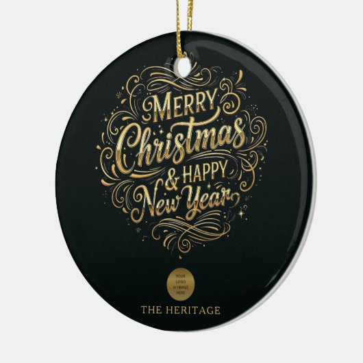 Zwart en goud vrolijk kerstfeest en gelukkig nieuw keramisch ornament (Links)