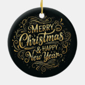 Zwart en goud vrolijk kerstfeest en gelukkig nieuw keramisch ornament (Achterkant)