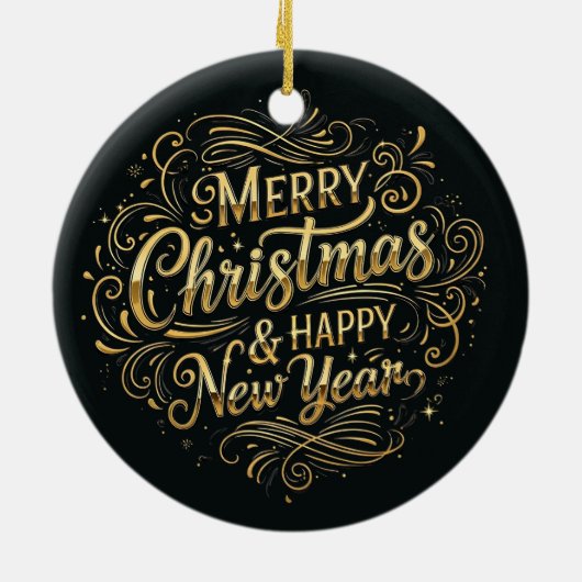 Zwart en goud vrolijk kerstfeest en gelukkig nieuw keramisch ornament (Achterkant)