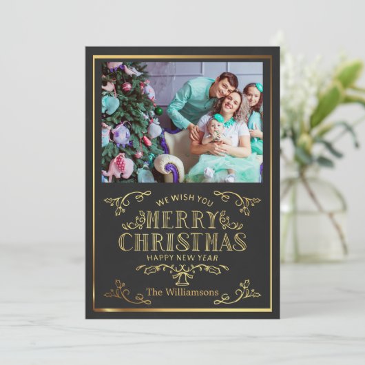 Zwart en goud Vrolijk Kerstfeest Nieuwjaar Fotokaa Feestdagenkaart (Staand voorkant)