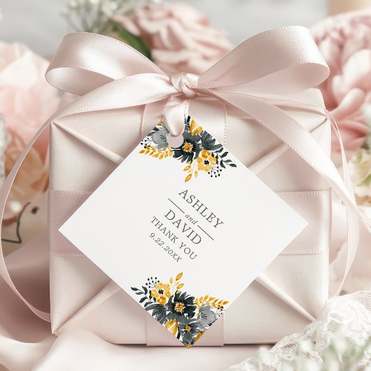 Zwart en Goud Waterverf Bloemen Bruiloft Bedankjes Labels