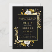 Zwart en Goud Waterverf Bloemen Fotobruiloft Save The Date (Voorkant)