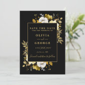 Zwart en Goud Waterverf Bloemen Fotobruiloft Save The Date (Staand voorkant)