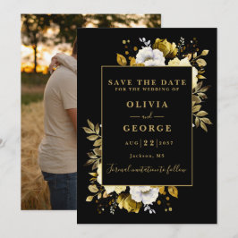 Zwart en Goud Waterverf Bloemen Fotobruiloft Save The Date